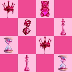 Seamless pattern for Valentine's Day in pink, Crown, dice, hourglass, jelly bag, chess queen on a pink chessboard background 