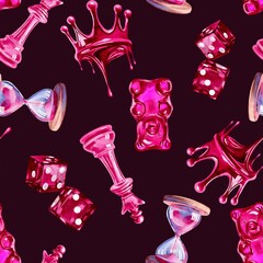 Seamless pattern for Valentine's Day in pink, Crown, dice, sand timer, jelly bag, chess queen on a dark background 