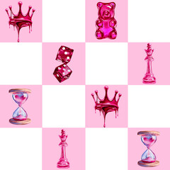 Seamless pattern for Valentine's Day in pink, Crown, dice, sand timer, jelly bag, chess queen on a chessboard background 