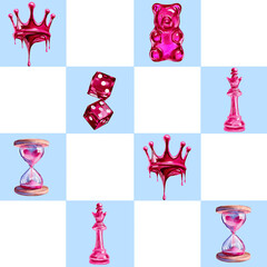 Seamless pattern for Valentine's Day in pink, Crown, dice, hourglass, jelly bag, chess queen on a blue chessboard background