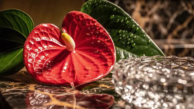 Anthurium Elegance: Red Flower With Water Droplets And Crystal Glass On Marble Surface