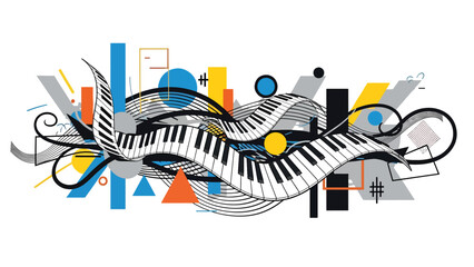 Urban music mural vector illustration combining abstract piano keys, flowing lines, and geometric street art patterns, flat design ideal for modern music posters and wallpapers © meeblues
