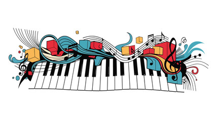 Urban music mural vector illustration combining abstract piano keys, flowing lines, and geometric street art patterns, flat design ideal for modern music posters and wallpapers © meeblues