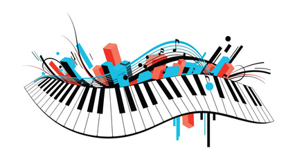 Urban music mural vector illustration combining abstract piano keys, flowing lines, and geometric street art patterns, flat design ideal for modern music posters and wallpapers © meeblues