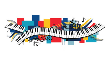 Urban music mural vector illustration combining abstract piano keys, flowing lines, and geometric street art patterns, flat design ideal for modern music posters and wallpapers © meeblues