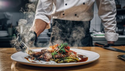 Chef plating a gourmet dish with steam rising in a professional kitchen.