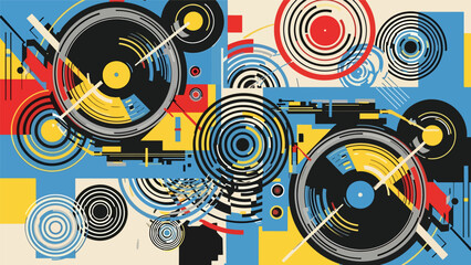 Urban graffiti-inspired mural vector illustration featuring abstract DJ turntable shapes and circular sound waves, flat design perfect for electronic music posters and wallpapers