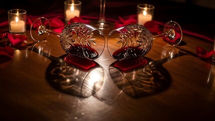 Romantic Table Setting with Tipped Over Wine Glasses Rose Petals and Burning Candles Valentines day