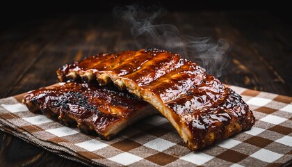 Delicious BBQ Pork Ribs Glazed with Sweet Sauce on a Rustic Table.