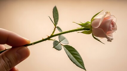 Hand Holding a Single Delicate Pale Pink Rose with Thorns Against a Soft Beige Background Valentines day