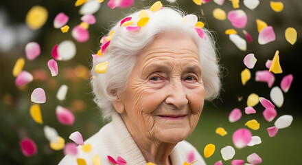 Smiling elderly woman portrait surrounded by falling pink white and yellow flower petals celebrating happiness and life