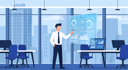 Business Professional Analyzing Data on Holographic Display in Modern Office.