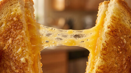 Irresistible golden grilled cheese sandwich pulled apart, showcasing luscious, stretchy melted cheese creating a mouthwatering culinary moment