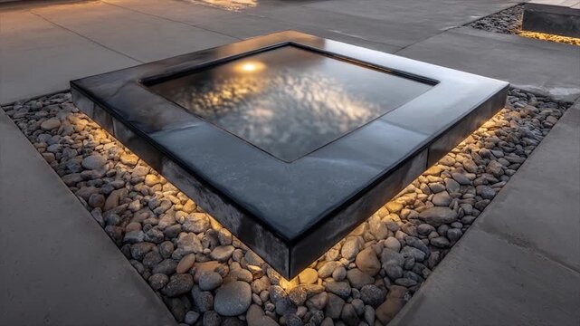 Modern water feature with reflecting surface and illuminated base