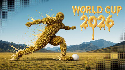 a vibrant illustration depicts a soccer player formed from golden particles running with dynamic motion towards a white soccer ball in a field high quality professional