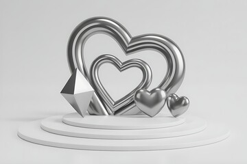 Sleek 3D render of metallic silver heart outlines and geometric shapes, perfect for modern Valentine's Day designs.