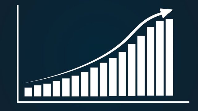 Corporate financial report and strategic planning concept, white rising bar chart with upward arrow on a professional dark blue gradient background