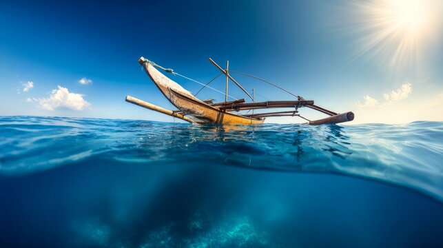 outrigger. Traditional canoe with wooden outrigger on calm blue ocean under tropical sun. mobility guides, transit brochures, designed for mobility and urban transit guides.
