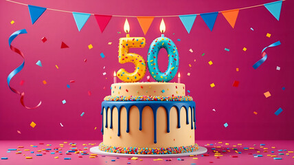 Colorful 50th birthday cake with number candles on pink background - ideal for milestone anniversary celebrations, festive party invitations, and golden jubilee greeting cards.
