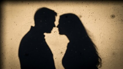 Silhouette Shadow of a Couple About to Kiss on a Distressed Concrete Wall Texture Valentines day