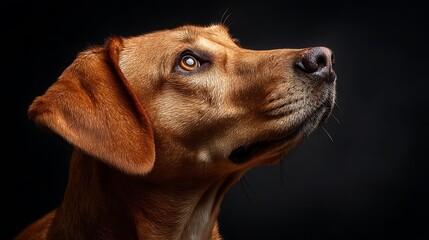 A regal canine portrait, a golden-brown coated dog, gazing upwards against a dark backdrop