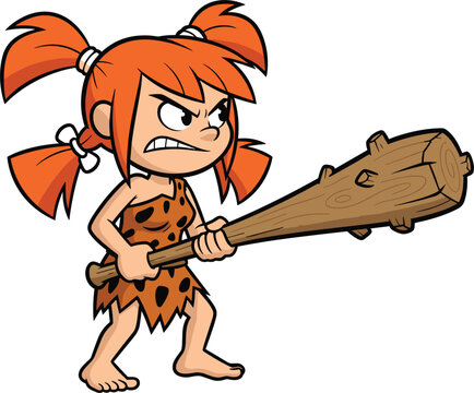 Cartoon cavewoman with orange pigtails and club, aggressive prehistoric pose, flat vector illustration, stone-age character icon