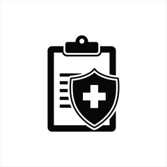 A solid icon depicting a medical clipboard with a shield overlay