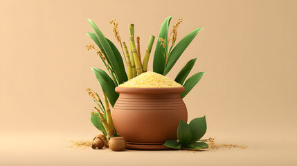 Fototapeta premium Clay Pot with Yellow Rice and Sugarcane Stalks Surrounded by Green Leaves. Representing Makar Sankranti. Pongal. Hindu. Tamil Nadu.
