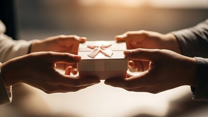 Close-up of Hands Giving a Small Pink Gift Box with Ribbon, Concept for Romantic Surprise and Celebration Valentines day