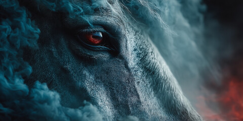 Close up red eye of black horse with blue smoke effect around the head , epic animal image.