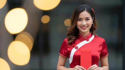 Young Asian woman holding red gift box outdoors.