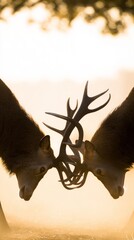 dominance. Two stags with locked antlers in misty morning light, wildlife encounter. wildlife magazines, conservation campaigns, designed for eco-tourism storytelling, used by social media managers.
