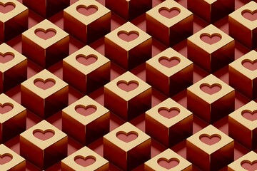 Obraz premium Valentine's Day Isometric Grid: Seamless 3D Pattern of Golden Cubes with Red Heart Cutouts