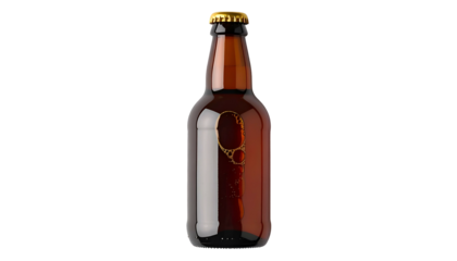 A brown beer bottle with a golden cap stands against a dark background
