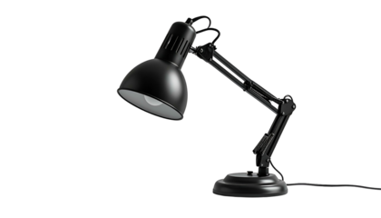 A black, articulated desk lamp casting light, against a stark black background