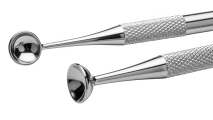 Two polished metal dental instruments with textured handles on png isolated transparent background black background