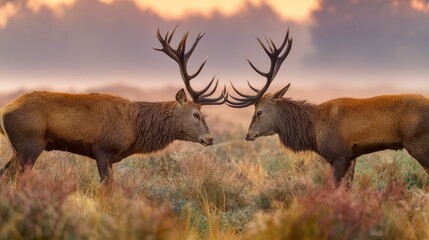 dominance. Two stags with locked antlers in misty morning light, wildlife encounter. wildlife magazines, conservation campaigns, designed for eco-tourism storytelling, used by social media managers.
