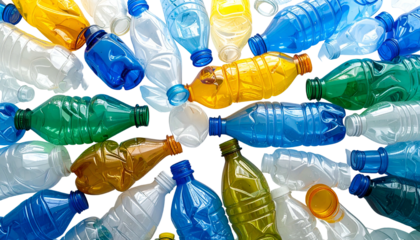 Group of transparent, colorful plastic bottles forming a circular pattern on a dark background