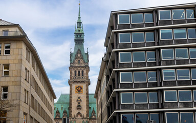 Rathaus in Hamburg Germany with city view.