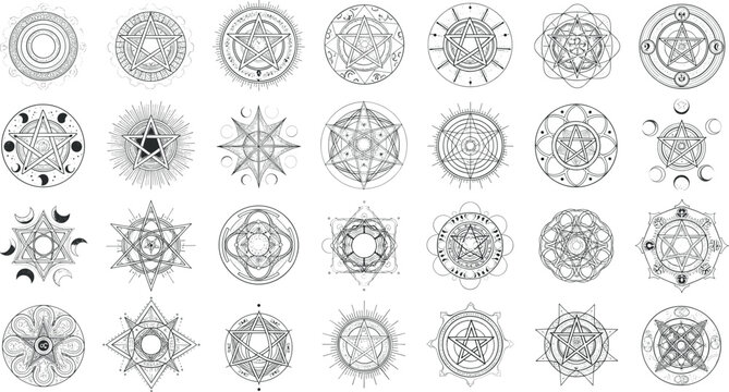 Mystical geometric mandala vector set with sacred geometry, pentagram symbols, and detailed circular line art for decorative and spiritual design projects
