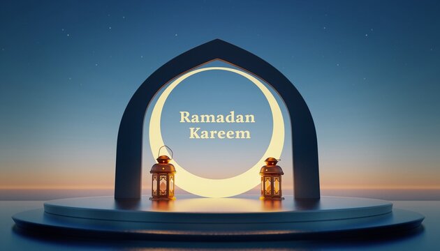 Ramadan Kareem Islamic Arch with Lanterns and Crescent Moon.