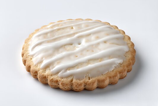 A single round sugar cookie with white icing drizzle on a plain background. - Powered by Adobe