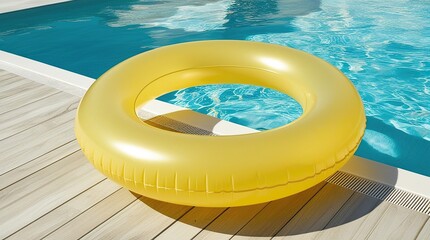 Yellow Inflatable Rings Floating in Blue Swimming Pool on Sunny Summer Day