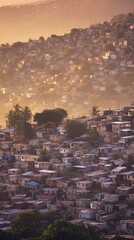 shantytown. Hillside shantytown with corrugated metal roofs in warm twilight. real-estate listings, architecture portfolios, designed for interior renovation comparisons for interiors.
