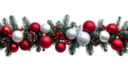 Festive Christmas garland evergreen boughs adorned with red/silver baubles, berries & pinecones