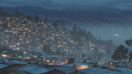 shantytown. Hillside shantytown with corrugated metal roofs in warm twilight. real-estate listings, architecture portfolios, designed for interior renovation comparisons for interiors.
