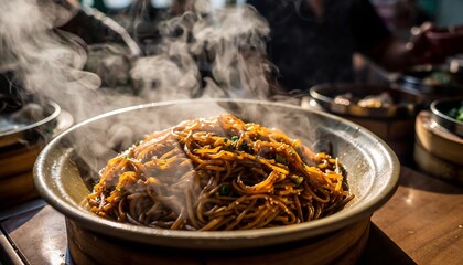 Steaming Hot Noodle Dish Served in a Rustic Bowl.