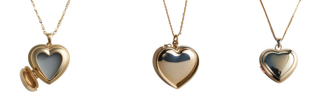 Three golden heart locket necklaces with varying designs on transparent background