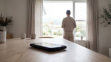 Woman observes peaceful garden view from inside home