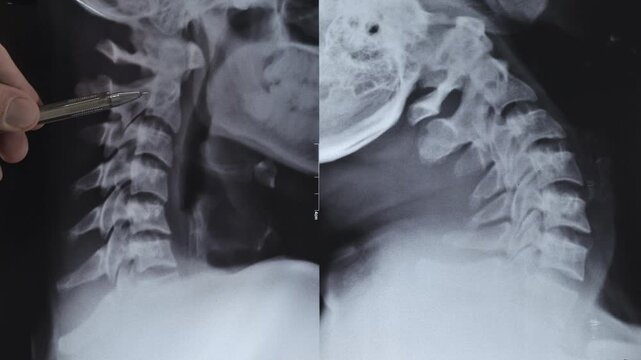 Doctor learn X-ray of a human bent neck spine. Inflammation and diseases cervical spine.